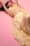 Piri India_Yellow Saree  Silk Hand Embroidered Glass Pre-draped With Crop Top  _Online_at_Aza_Fashions