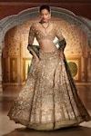 Buy_Seema Gujral_Gold Organza Embroidered Zardozi Leaf Neck Bridal Lehenga Set _Online_at_Aza_Fashions