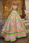Seema Gujral_Green Net Embroidery Sequin Sweetheart Neck Neon Blouse Lehenga Set _Online_at_Aza_Fashions