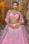 Seema Gujral_Pink Net Embroidery Sequin Sweetheart Neon Work Bridal Lehenga Set _Online_at_Aza_Fashions
