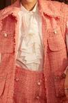 Label Deepika Nagpal_Peach Tweed, Lining Taffeta Bead Chains Collared Neck Frida Jacket_Online_at_Aza_Fashions