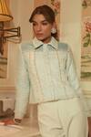 Label Deepika Nagpal_Blue Tweed, Lining Taffeta, Suede Pearl Work Checkered Embellished Crop Jacket_Online_at_Aza_Fashions