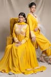 Sanjev Marwaaha_Yellow Modal And Tulle Embroidery Applique V Neck Floral Neckline Kurta Set _Online_at_Aza_Fashions