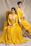 Sanjev Marwaaha_Yellow Modal And Georgette Embroidery Dori & Cut Beads V Neck Yoke Anarkali Set _Online_at_Aza_Fashions