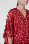 Ruchira Nangalia_Red Modal Blend Printed Bandhani V Neck Cowl Dress  _Online_at_Aza_Fashions