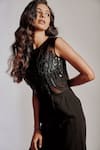 Pocket Stories_Black Microsuit Embroidery Sequin Round Wide Leg Jumpsuit  _Online_at_Aza_Fashions