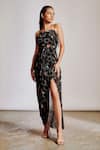 Pocket Stories_Black Crepe Printed Abstract Halter Maxi Dress  _at_Aza_Fashions