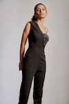 Shop_Pocket Stories_Black Honeycomb Printed Abstract Lapel Collar Solid Jumpsuit  _Online_at_Aza_Fashions