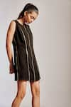 Shop_Pocket Stories_Black Microsuit Round Zip Embellished Short Dress  _Online_at_Aza_Fashions