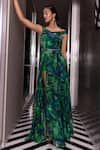 Shop_Pocket Stories_Green Crepe Print Abstract One Shoulder Off Gown  _Online_at_Aza_Fashions