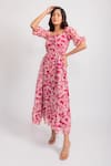Aroop Shop India_Pink Chiffon Square Neck Irene Floral Print Puff Sleeve Dress _Online_at_Aza_Fashions