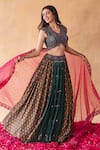 Shop_Shachi Sood_Green Blouse And Lehenga Dupion Silk Printed Floral V Neck Flower Set _Online_at_Aza_Fashions