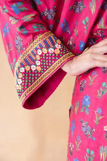 Shachi Sood_Pink Dupion Silk Floral Asymmetric Print One Shoulder Kurta With Pant _Online_at_Aza_Fashions