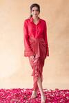 Shachi Sood_Red Dupion Silk Floral Collared Neck Bell Sleeves Top And Draped Skirt Set _Online_at_Aza_Fashions