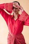 Buy_Shachi Sood_Red Dupion Silk Floral Collared Neck Bell Sleeves Top And Draped Skirt Set _Online_at_Aza_Fashions