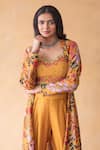 Shachi Sood_Yellow Dupion Silk Floral Square Neck Pearl Hand Embroidered Top Pant Set _at_Aza_Fashions
