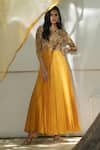 Label Ruhbab_Yellow Silk Chiffon Embroidery Sequins Boat Floral Anarkali Set  _Online_at_Aza_Fashions