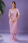 Pritika Vora_Purple Blouse - Net Embroidered Floral V Neck Layered Pre Draped Saree With_Online_at_Aza_Fashions