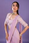 Buy_Pritika Vora_Purple Blouse - Net Embroidered Floral V Neck Layered Pre Draped Saree With_Online_at_Aza_Fashions
