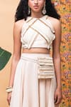 Shop_Rishi and Vibhuti_Pink Linen Embroidery Halter Neck Sea Salt Crop Top With Skirt _at_Aza_Fashions