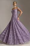 Seema Gujral Purple Net Geometric Pattern Off Shoulder Straight Neck Sequin Embroidered Gown Online at Aza Fashions Seema Gujral_Purple Net Geometric Pattern Off Shoulder Straight Neck Sequin Embroidered Gown_Online_at_Aza_Fashions