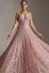 Shop_Seema Gujral_Pink Net Sequins In Geometric Pattern Plunge Sweetheart Neck Embroidered Gown_Online_at_Aza_Fashions