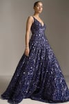 Seema Gujral_Blue Net Embroidered Sequins Plunge V Neck Floral Gown  _Online_at_Aza_Fashions