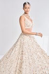 Shop_Seema Gujral_Cream Organza Embroidery Sequin Leaf Neck Floral Bridal Lehenga Set  _Online_at_Aza_Fashions