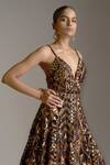 Seema Gujral_Brown Net Geometric Plunge V Neck Sequin Work Flared Gown_Online_at_Aza_Fashions