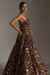 Shop_Seema Gujral_Brown Net Geometric Plunge V Neck Sequin Work Flared Gown_Online_at_Aza_Fashions