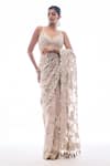 Seema Gujral_Beige Net Embroidery Beads Leaf Neck 3d Floral Saree With Blouse For Women_Online_at_Aza_Fashions