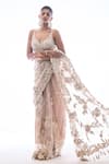 Buy_Seema Gujral_Beige Net Embroidery Beads Leaf Neck 3d Floral Saree With Blouse For Women_Online_at_Aza_Fashions