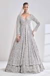 Shop_Seema Gujral_Silver Net Embroidered Zardozi Sweetheart Neck Jacket Lehenga Set  _Online_at_Aza_Fashions