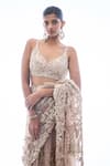 Shop_Seema Gujral_Beige Net Embroidery Beads Leaf Neck 3d Floral Saree With Blouse For Women_Online_at_Aza_Fashions