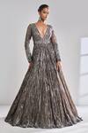 Seema Gujral_Brown Net Embroidered Metallic Sequins And Beads Plunge V Neck Gown  _Online_at_Aza_Fashions