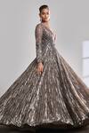 Shop_Seema Gujral_Brown Net Embroidered Metallic Sequins And Beads Plunge V Neck Gown  _Online_at_Aza_Fashions