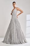 Seema Gujral_Silver Net Embroidered Sequins Plunge V Neck Gown  _Online_at_Aza_Fashions