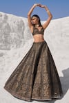 Shop_Seema Gujral_Black Lehenga - Raw Silk Dupatta - Organza Floral Detail Set  _at_Aza_Fashions