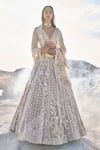 Shop_Seema Gujral_Ivory Net Embroidery Thread Plunge V Pearl Bridal Lehenga Set  _at_Aza_Fashions