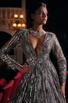 Seema Gujral_Brown Net Embroidered Metallic Sequins And Beads Plunge V Neck Gown_at_Aza_Fashions