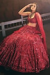 Seema Gujral_Red Net Embroidered Sequins Notched Bridal Lehenga Set  _Online_at_Aza_Fashions