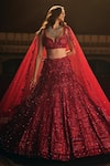 Shop_Seema Gujral_Red Net Embroidered Sequins Notched Bridal Lehenga Set  _Online_at_Aza_Fashions