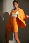 Shop_Betrue_Orange Cotton Linen Notched Spice Double Breasted Blazer And Shorts Set  _Online_at_Aza_Fashions