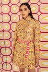 Betrue_Yellow Handloom Cotton, Silk Embroidery Collared Tabriz Print Quilted Jacket _Online_at_Aza_Fashions