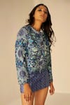 Betrue_Blue Chanderi Cotton, Silk Embroidery Geometric Pattern Jacket And Short Skirt Set _Online_at_Aza_Fashions