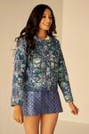 Buy_Betrue_Blue Satin, Chanderi Geometric Pattern Jacket Short Skirt Set _Online_at_Aza_Fashions