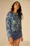 Buy_Betrue_Blue Chanderi Cotton, Silk Embroidery Geometric Pattern Jacket And Short Skirt Set _Online_at_Aza_Fashions