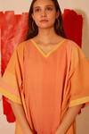Banana Labs_Orange Cotton V-neck Bliss Hand Block Print Kaftan And Pant Set _Online_at_Aza_Fashions