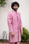 Hilo Design_Purple Dupion Silk Embroidered Zardozi Work Sherwani Set _at_Aza_Fashions