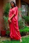 OMANA BY RANJANA BOTHRA_Coral Satin Hand Embroidered Sequin Work V Neck Knotty Cowl Draped Kaftan _Online_at_Aza_Fashions